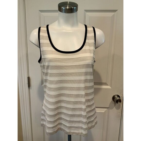 St. John Tan & Cream Striped Scoop Neck Tank Top W/ Black Piping, Size Medium - Picture 1 of 6